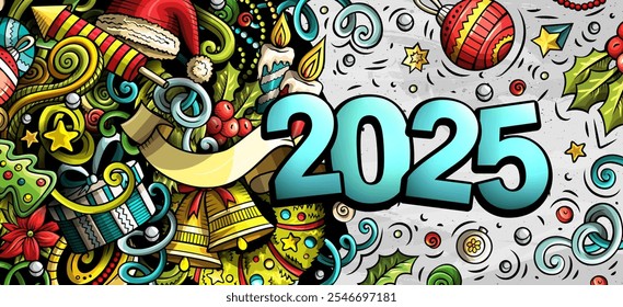 2025 doodles horizontal illustration. New Year objects and elements banner design. Creative cartoon winter holidays background. Colorful vector mural