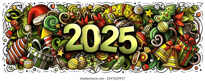 2025 doodles horizontal illustration. New Year objects and elements banner design. Creative cartoon winter holidays background. Colorful vector mural