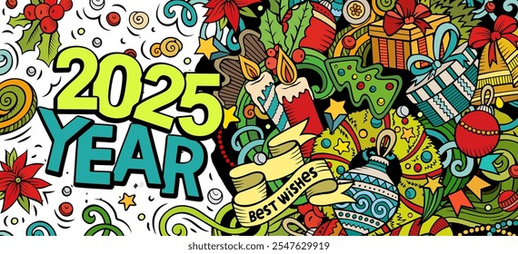 2025 doodles horizontal illustration. New Year objects and elements banner design. Creative cartoon winter holidays background. Colorful vector mural