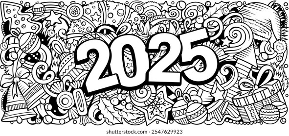 2025 doodles horizontal illustration. New Year objects and elements banner design. Creative cartoon winter holidays background. Colorful vector mural