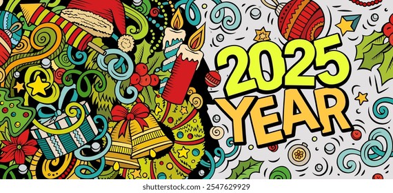 2025 doodles horizontal illustration. New Year objects and elements banner design. Creative cartoon winter holidays background. Colorful vector mural