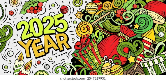 2025 doodles horizontal illustration. New Year objects and elements banner design. Creative cartoon winter holidays background. Colorful vector mural