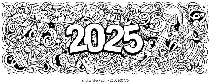 2025 doodles horizontal illustration. New Year objects and elements banner design. Creative cartoon winter holidays background. Colorful vector mural