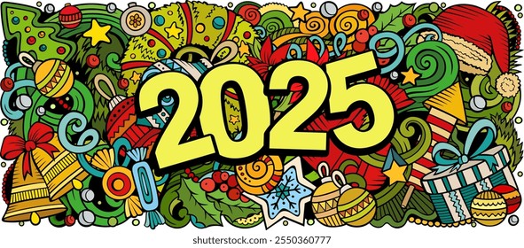 2025 doodles horizontal illustration. New Year objects and elements banner design. Creative cartoon winter holidays background. Colorful vector mural