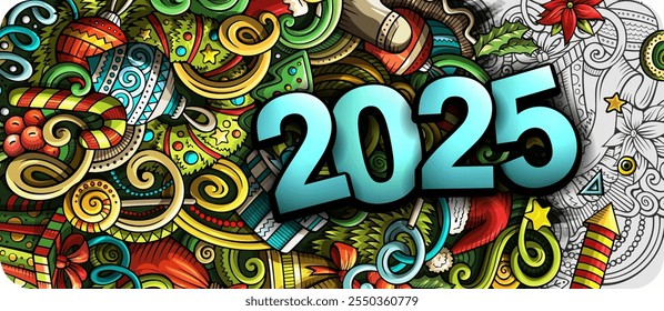 2025 doodles horizontal illustration. New Year objects and elements banner design. Creative cartoon winter holidays background. Colorful vector mural