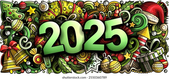 2025 doodles horizontal illustration. New Year objects and elements banner design. Creative cartoon winter holidays background. Colorful vector mural