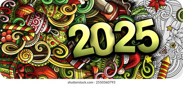 2025 doodles horizontal illustration. New Year objects and elements banner design. Creative cartoon winter holidays background. Colorful vector mural