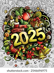 2025 doodles illustration. New Year objects and elements design. Creative cartoon holidays funny background. Colorful vector adorable art