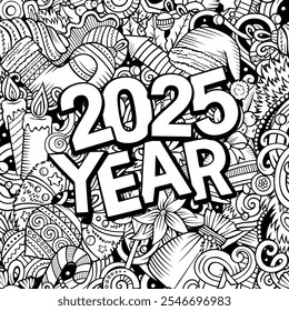 2025 doodles illustration. New Year objects and elements design. Creative cartoon holidays funny background. Colorful vector adorable art