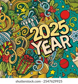 2025 doodles illustration. New Year objects and elements design. Creative cartoon holidays funny background. Colorful vector adorable art