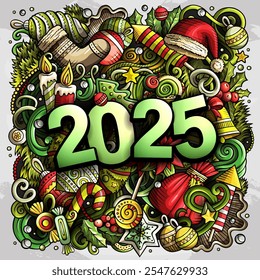 2025 doodles illustration. New Year objects and elements design. Creative cartoon holidays funny background. Colorful vector adorable art