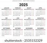 2025 dutch calendar. Printable, editable vector illustration for Dutch. 12 months year kalender