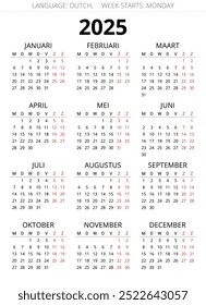 Calendario holandés 2025. Ilustración vectorial imprimible y editable para holandés. 12 meses Año Kalender