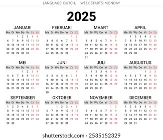 calendário neerlandês de 2025. Ilustração vetorial editável e imprimível para holandês. 12 meses ano kalender