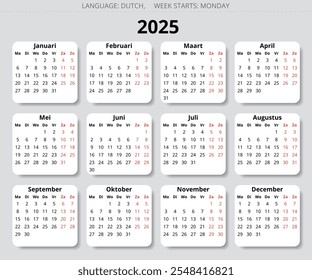 calendário neerlandês de 2025. Ilustração vetorial para holandês. 12 meses ano kalender