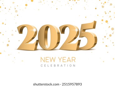 2025 elegantly 3d gold numbers on a pristine white background. 2025 lettering with serif font and shiny confetti with background. Design in minimalism style for New Year 2025 celebration. Vector