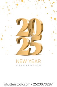2025 elegantly 3d gold numbers on a pristine white background. 2025 lettering with serif font and shiny confetti with background. Design in minimalism style for New Year 2025 celebration. Vector