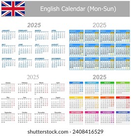 2025 English Mix Calendar Mon-Sun on white background