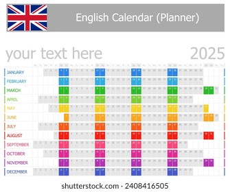 2025 English Type-1 Calendar Sun-Sat on white background