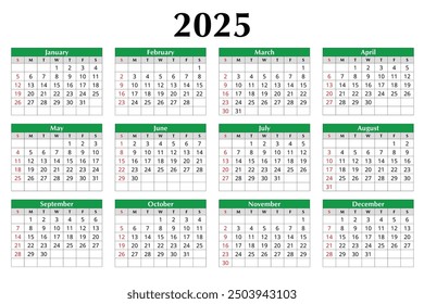 2025 english vector calendar. Modern, clean design with 12 months. Customizable for digital or print use