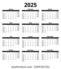 2025 english vector calendar: Modern, clean design with 12 months. Customizable for digital or print use.
