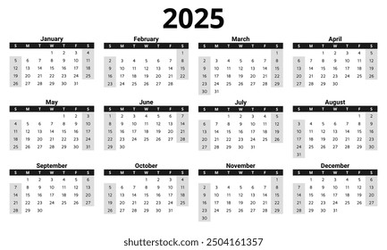 2025 english vector calendar: Modern, clean design with 12 months. Customizable for digital or print use. Horizontal