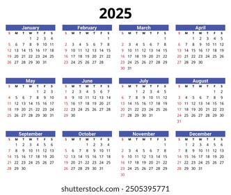 2025 english vector calendar: Modern, clean design with 12 months. Customizable for digital or print use