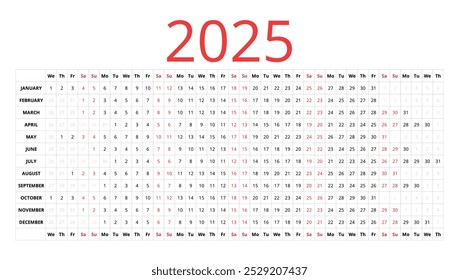 2025 English vector linear calendar. The days of the month are in one row