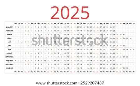2025 English vector linear calendar. The days of the month are in one row