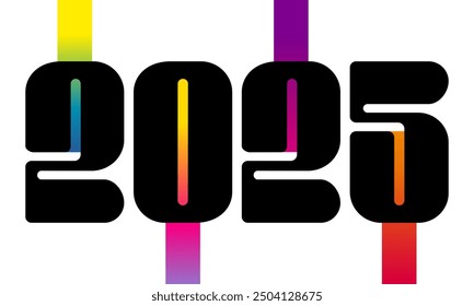 2025 - Anuncio de lujo con números negros modernos y originales decorados con bandas de efecto degradado de color arcoíris.