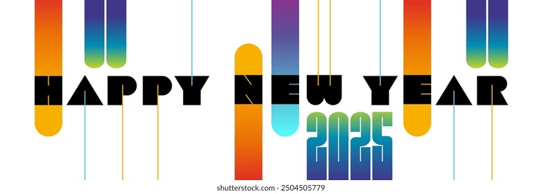 2025 - fancy and dynamic card or banner decorated with shapes with gradient effects to wish a happy new year.