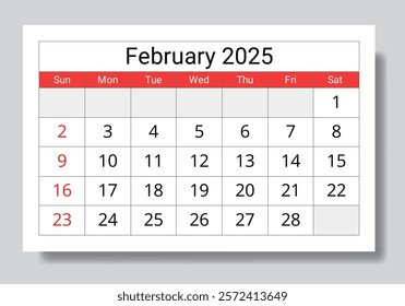 2025 february calendar. Vector English monthly page calendars. Design with Sunday start