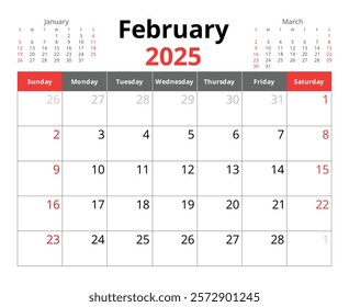 2025 february calendar. A vector English monthly calendars. Design with Sunday start