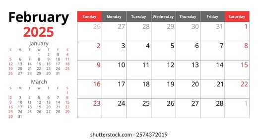2025 february calendar. A vector English monthly. Winter month. Design with Sunday start