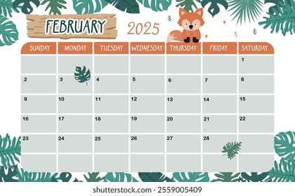 2025 February calendar week start on Sunday with safari style for horizonral printable design