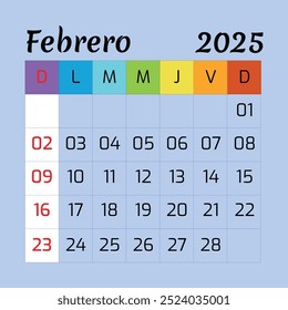 2025 February Calendario Spanish Calender- 02 month Vector Graphic Design