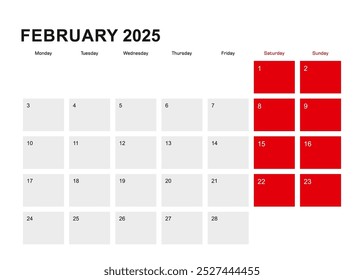 2025 February planner calendar design. Week starts from Monday. Vector illustration.