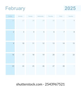 Planificador de pared de febrero de 2025 en color azul, la semana comienza el domingo. Calendario para febrero de 2025 con día del mes anterior y del próximo.