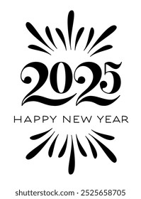 2025 Festive Numbers. Happy New Year Black and White Typography with Decorative Elements.
