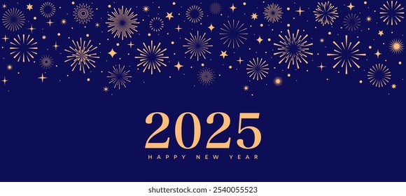 2025 fireworks banner with gold stars on blue background