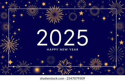 2025 fireworks greeting card, New Year poster gold and blue