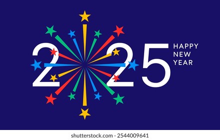 Cartaz de fogos de artifício 2025, números coloridos do Ano Novo com estrelas
