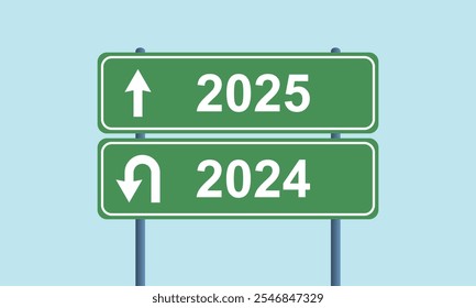 2025 para a frente 2024 placa de sinalização traseira, fim e começar sinal de estrada amarelo, terminar e iniciar conceito de vetor