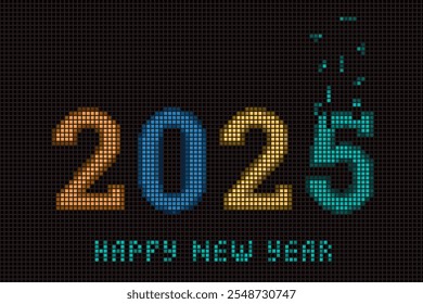 2025 Free Tetris Style New Year Concept with Dropping Elements over Five and Pixelized Numerals Logo and Lettering - Blue Green and Red on Black Background - Vector Mixed Graphic Design