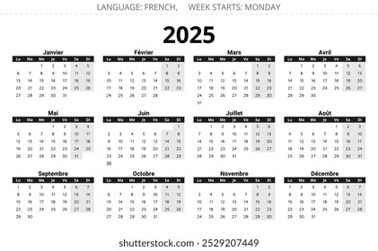 calendário francês de 2025 - calendário. Ilustração vetorial editável para a França. 12 meses no ano 