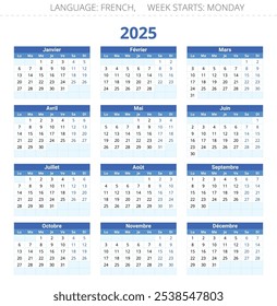 calendário francês de 2025 - calendário. Ilustração vetorial editável em cores azuis para a França. 12 meses ano 