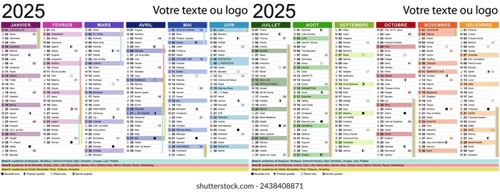 2025 French calendar with holidays, saints, school holidays and moon cycles