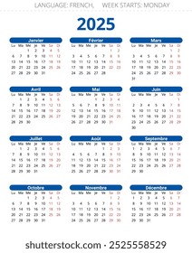 Calendario francés de 2025. Ilustración vectorial sencilla imprimible y editable para Francia. Calendario de 12 meses