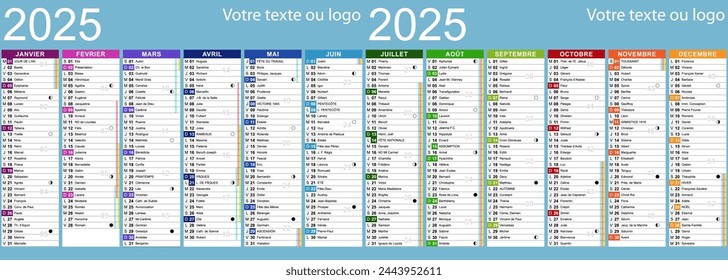 Calendario francés 2025 para la impresión de productos publicitarios con vacaciones, santos, vacaciones escolares y ciclos lunares
