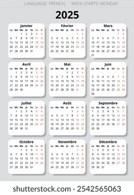 2025 FRENCH calendar. Vector illustration for France. 12 months year calendrier